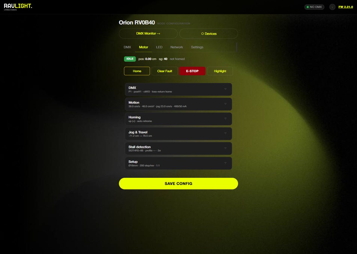 Fixture settings in the web interface