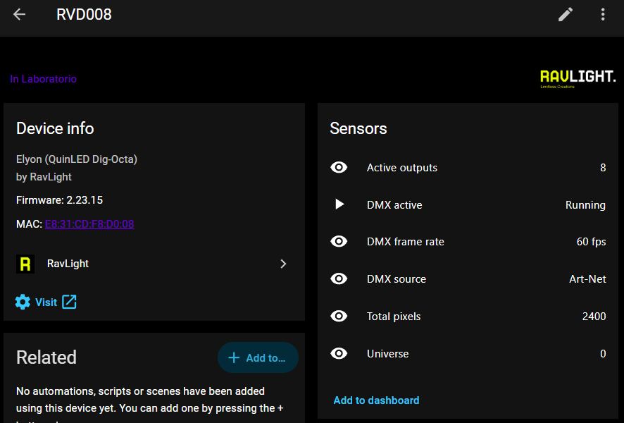 A RavLight Elyon controller in Home Assistant — device info, and sensors showing DMX active, frame rate, source, active outputs and total pixels
