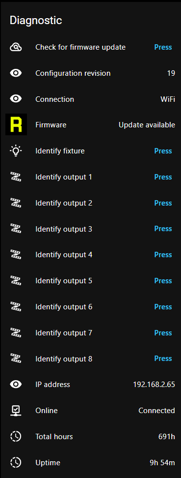 Diagnostic entities of an eight-output Elyon: check for firmware update, configuration revision, connection, firmware, identify fixture, identify output 1 to 8, IP address, online, total hours and uptime