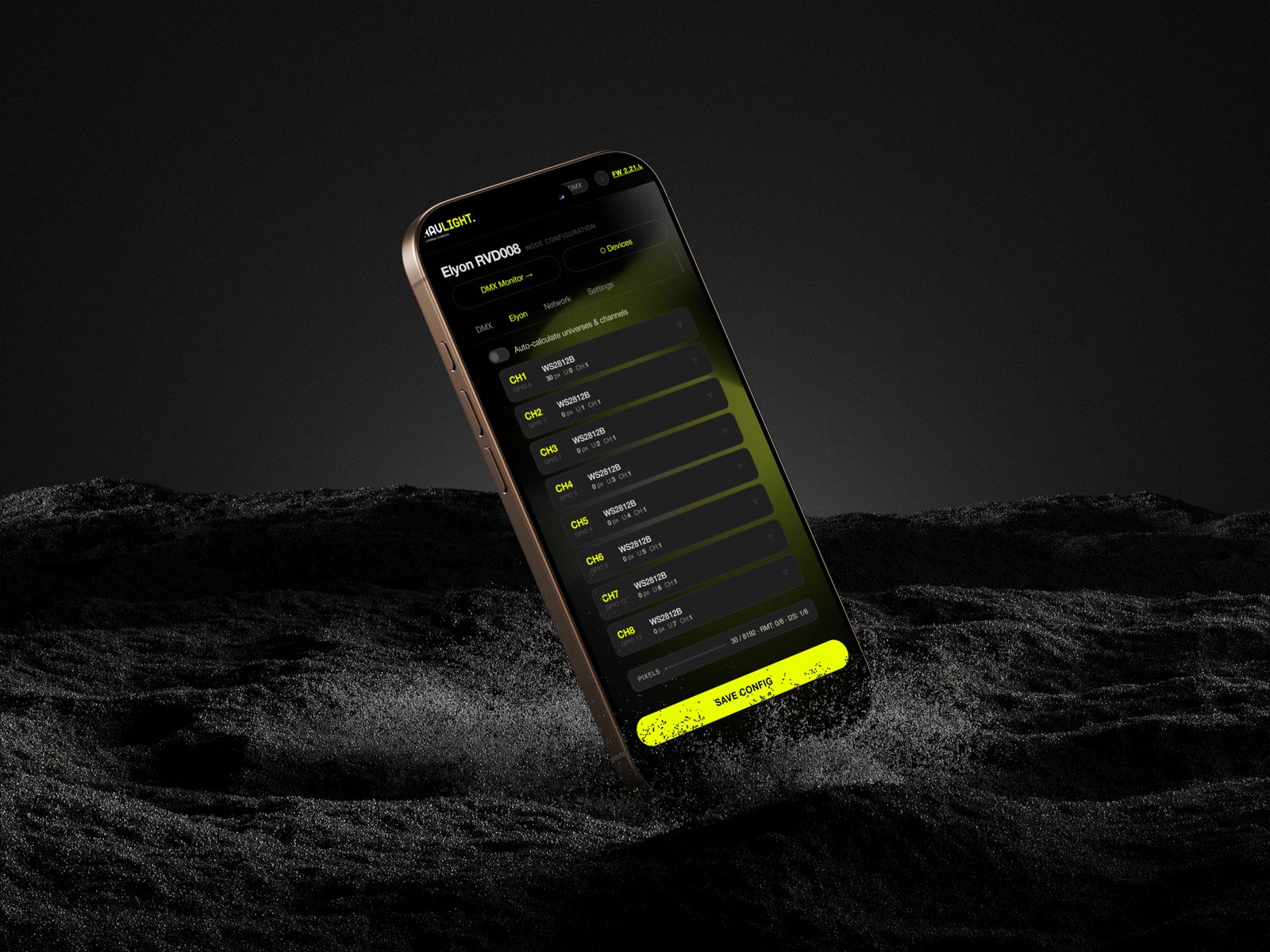 RavLight web UI on a phone — Elyon multi-output configuration