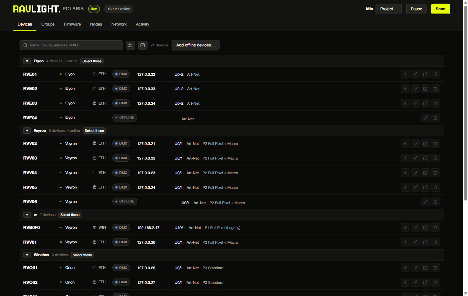 Polaris device list — Elyon, Veyron and Orion fixtures grouped, with universe, DMX source and personality per row