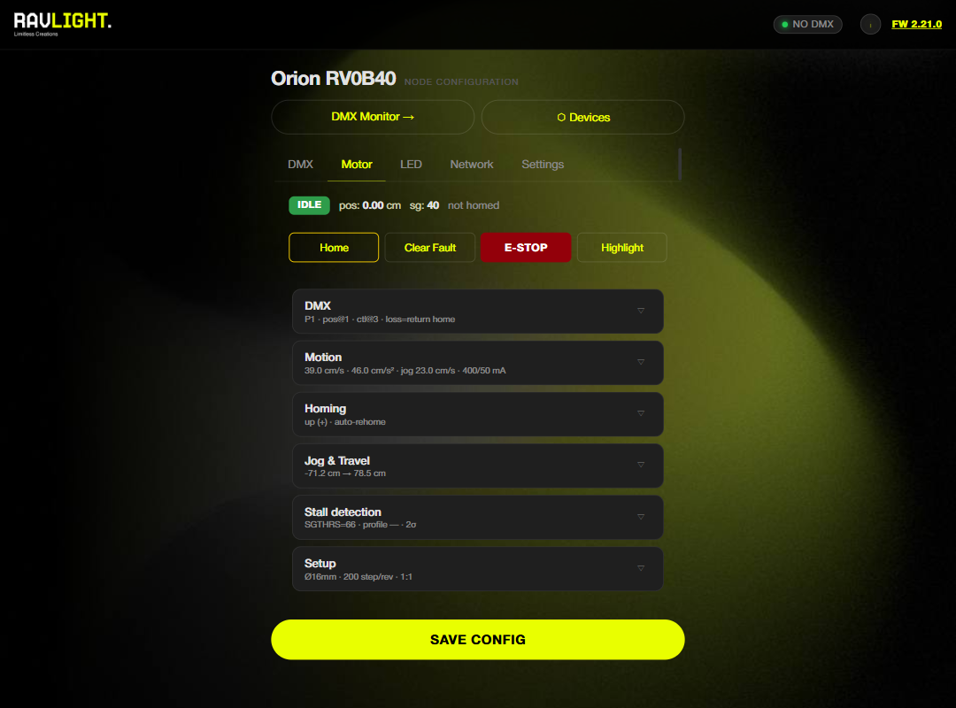 Web UI — fixture section (Orion motor)
