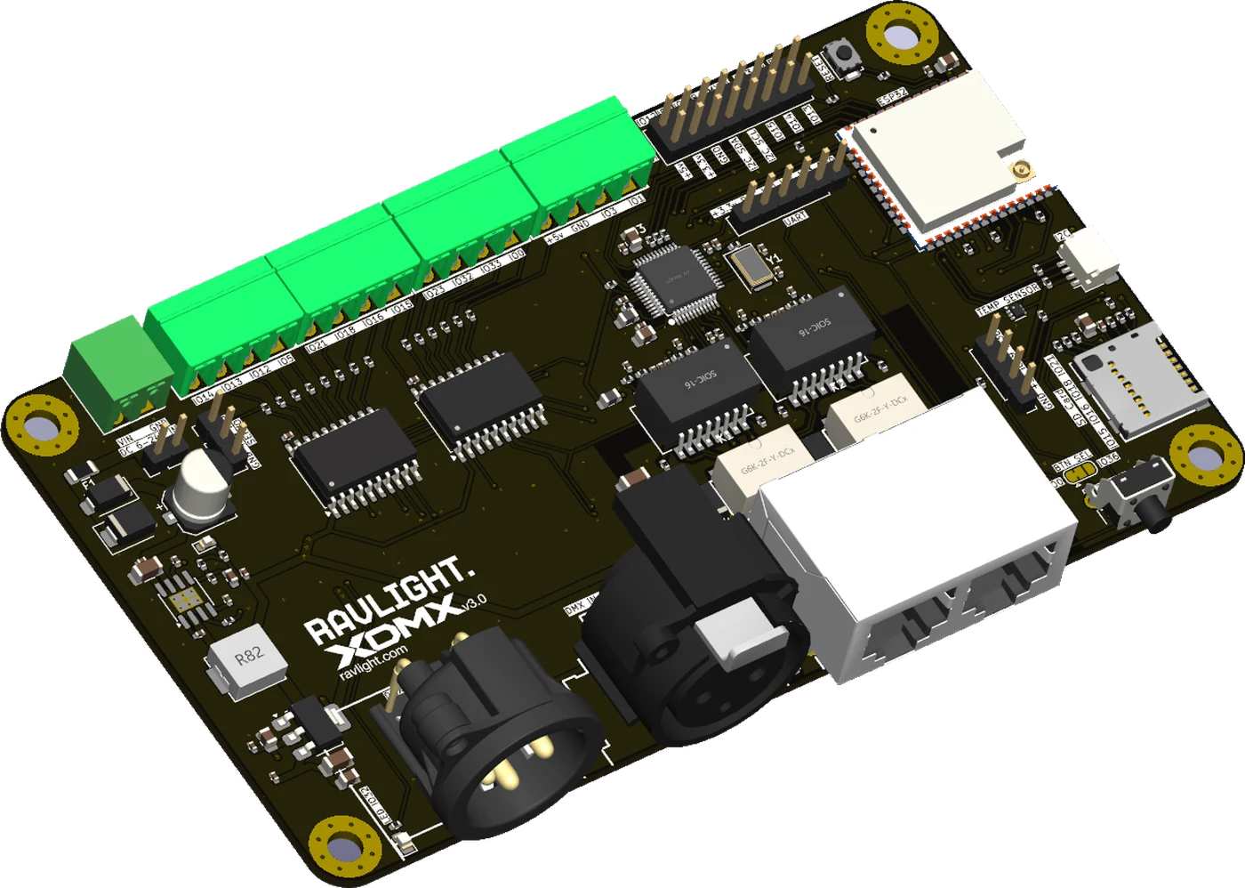 XDMX v3 board, three-quarter view — processor module, dual Ethernet jacks, two XLR connectors and a row of pluggable terminal blocks along the top edge
