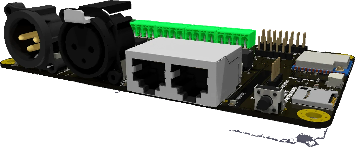 XDMX v3 at eye level: the XLR connectors and the two network jacks standing along the front edge, terminal blocks and headers behind them