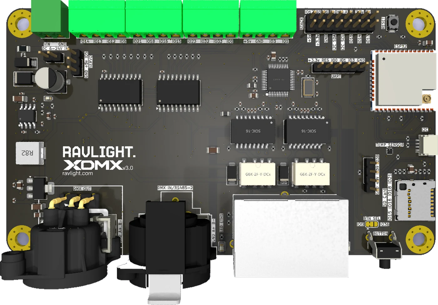 XDMX v3 seen from above: terminal blocks along the top edge, processor module at the right, Ethernet section in the middle, XLR and network jacks along the bottom edge